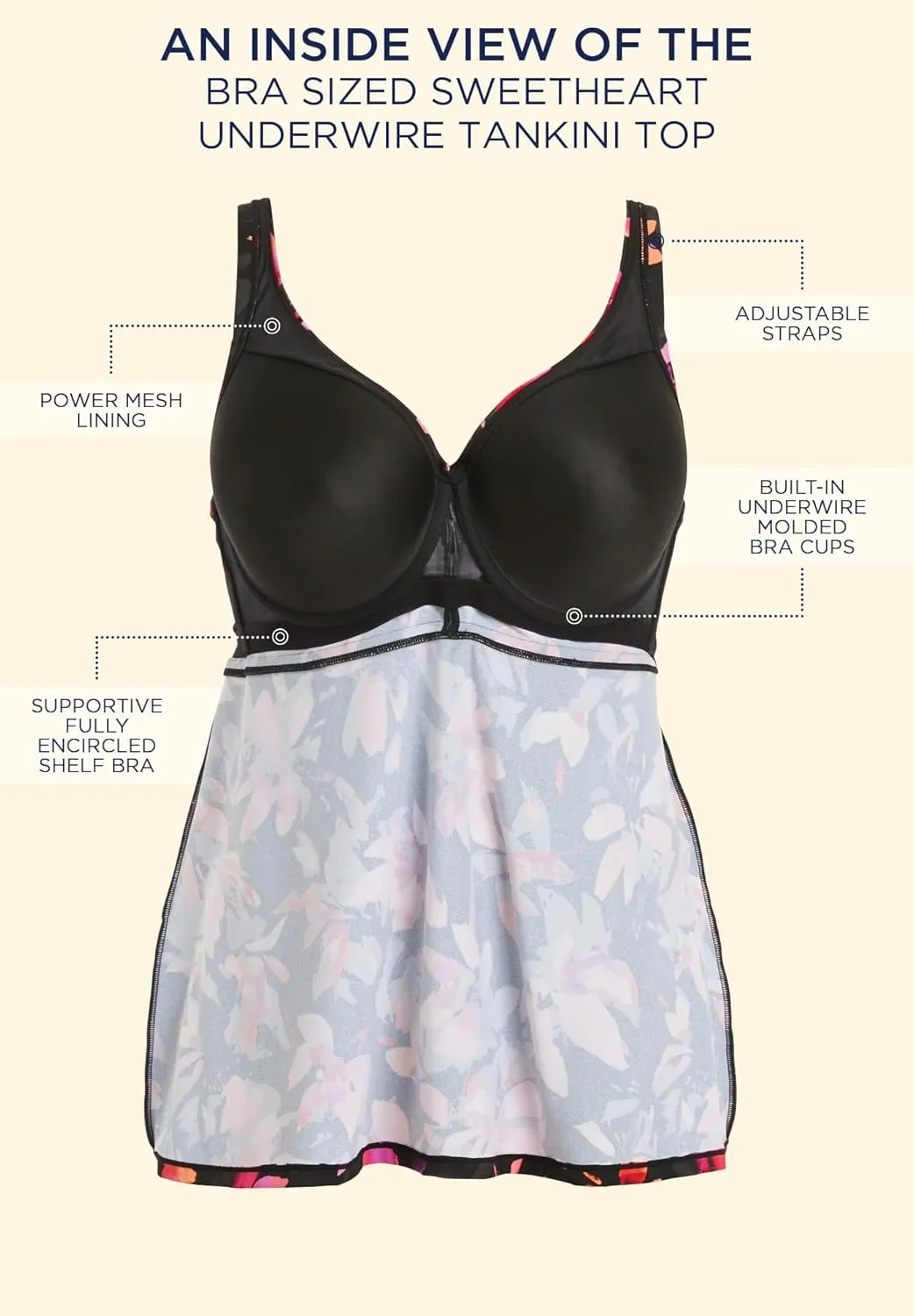 Swimsuits For All Women's Bra Sized Sweetheart Underwire Tankini Top (Plus
