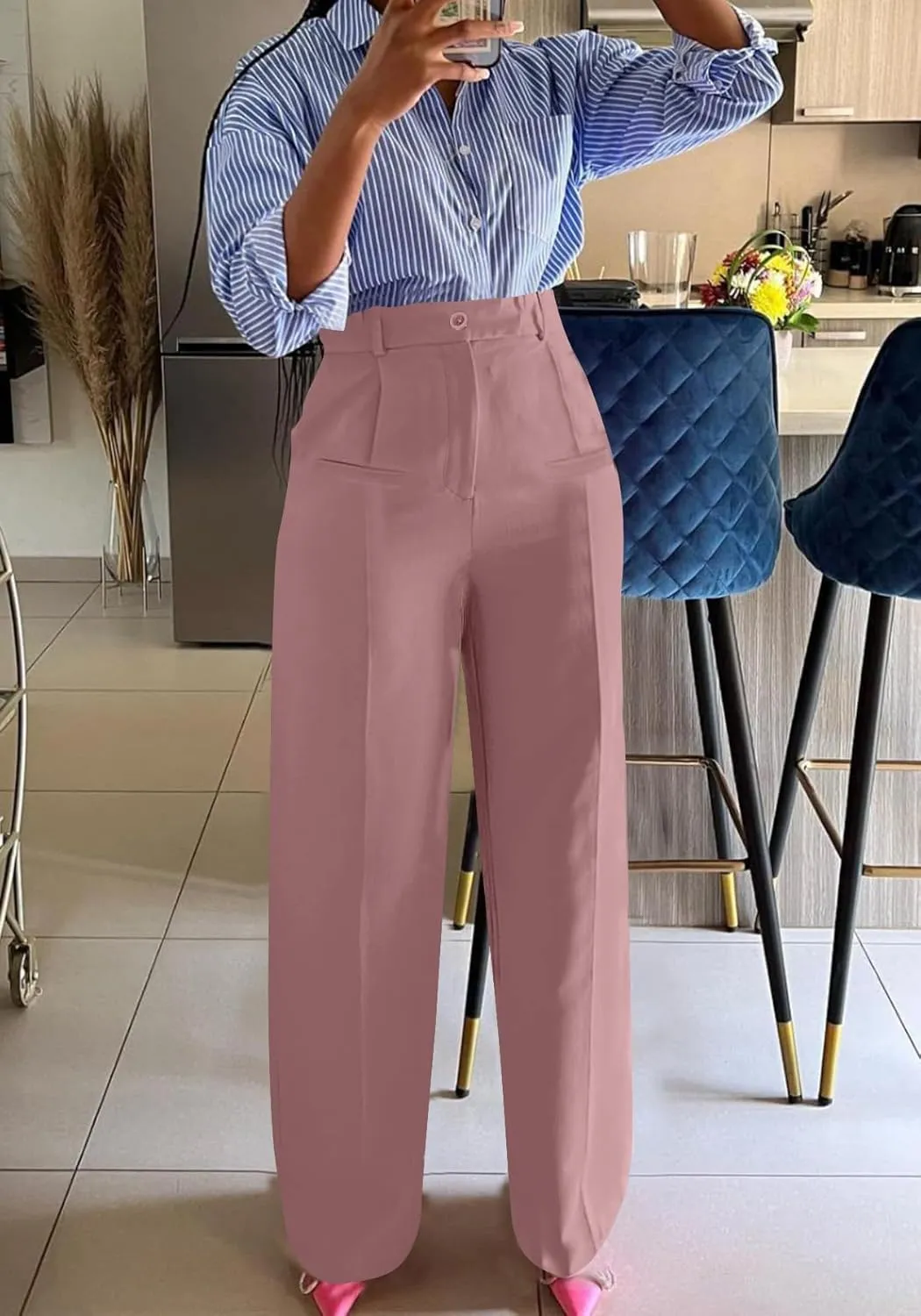 Tbahhir Women High Waisted Work Pants Wide Leg Dress Pants Straight Trousers Casual Business Slacks with Pockets