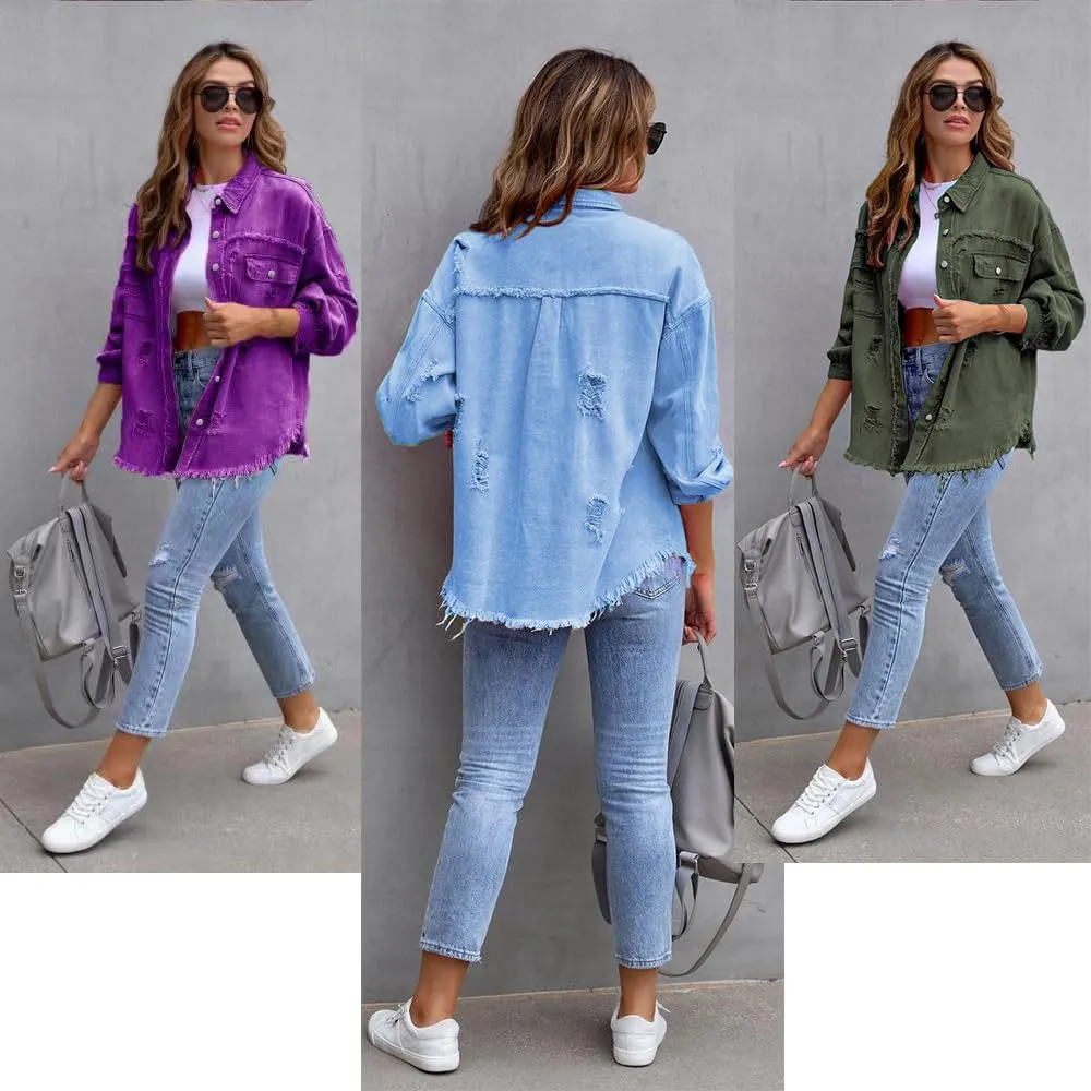 The Beauty North Denim Jacket, Womens Oversized Ripped Fringe Denim Jacket with Pockets,Women's Ripped Denim Jacket