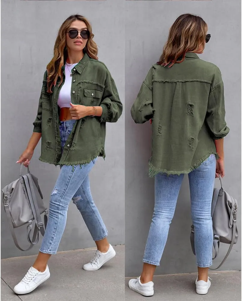 The Beauty North Denim Jacket, Womens Oversized Ripped Fringe Denim Jacket with Pockets,Women's Ripped Denim Jacket