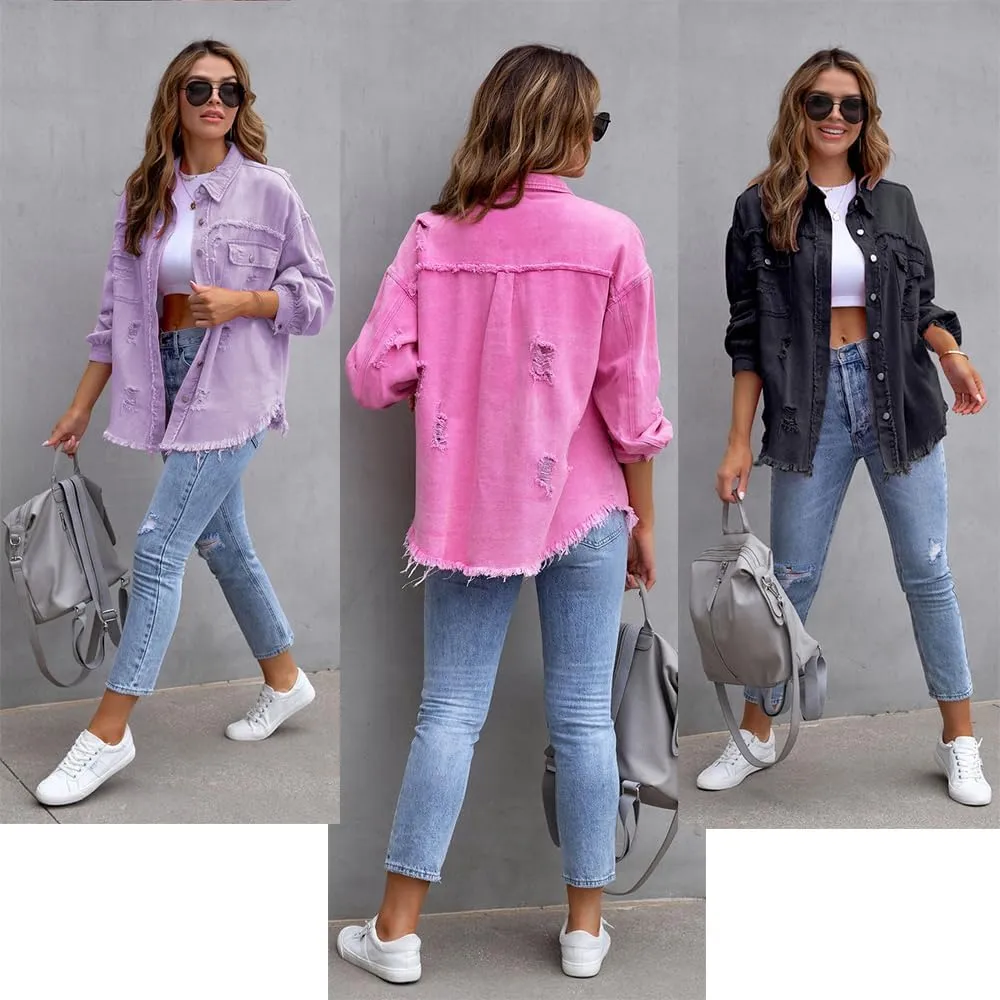 The Beauty North Denim Jacket, Womens Oversized Ripped Fringe Denim Jacket with Pockets,Women's Ripped Denim Jacket