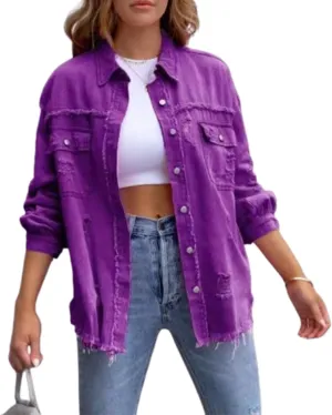 The Beauty North Denim Jacket, Womens Oversized Ripped Fringe Denim Jacket with Pockets,Women's Ripped Denim Jacket