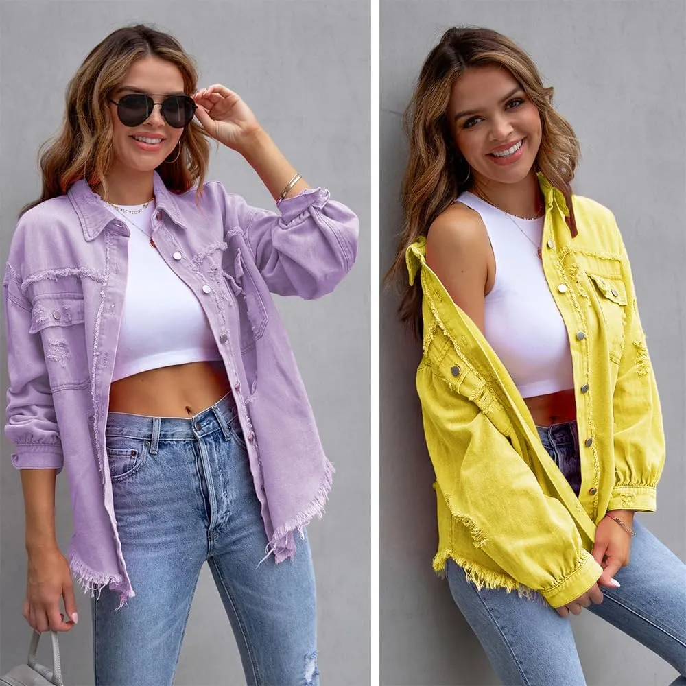 The Beauty North Denim Jacket, Womens Oversized Ripped Fringe Denim Jacket with Pockets,Women's Ripped Denim Jacket