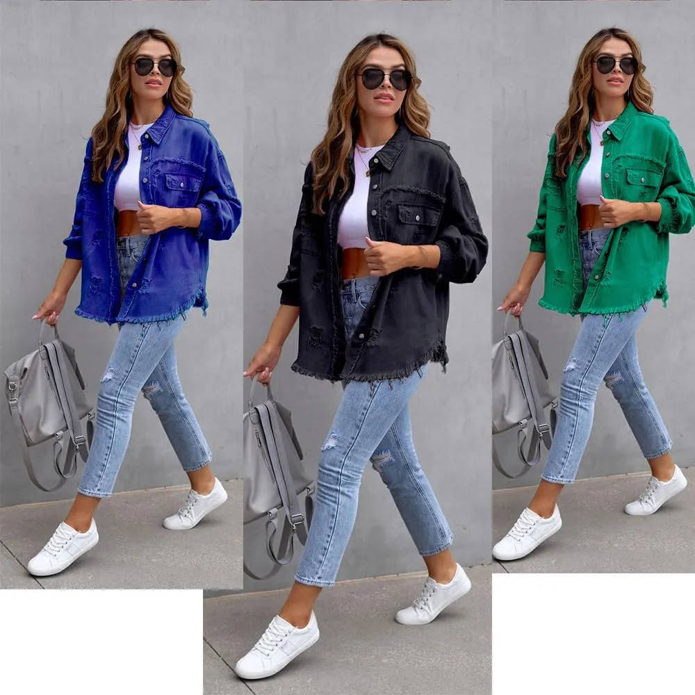 The Beauty North Denim Jacket, Womens Oversized Ripped Fringe Denim Jacket with Pockets,Women's Ripped Denim Jacket