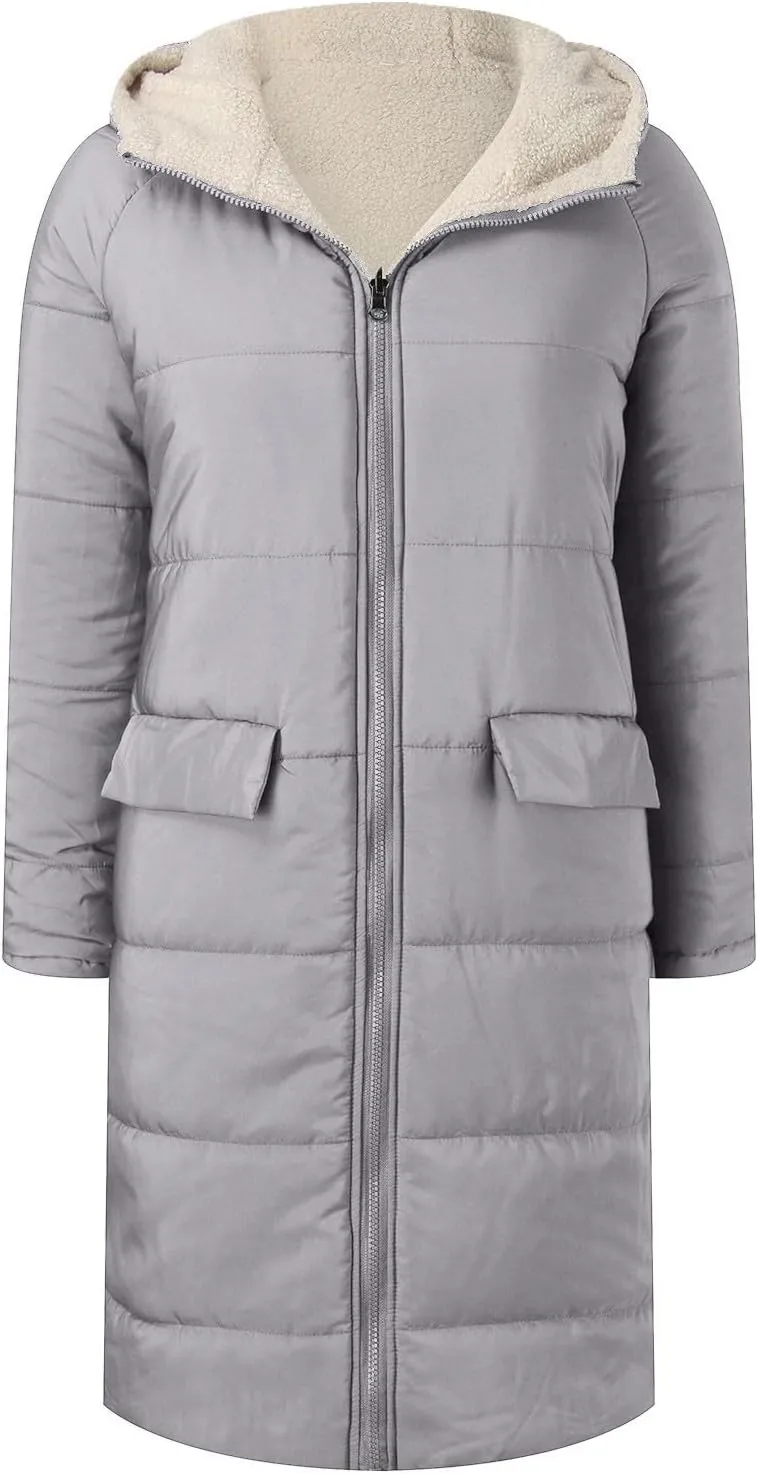Thicken Fleece Lined for Women Puffer Coat Padded Jacket Plus Size Fleece Jacket Color Block Lightweight Heated Long