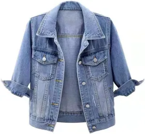 TIAFORD Women's 3/4 Sleeve Cropped Denim Jacket Casual Button Down Lapel Jean Trucker Jackets Coats with Pockets