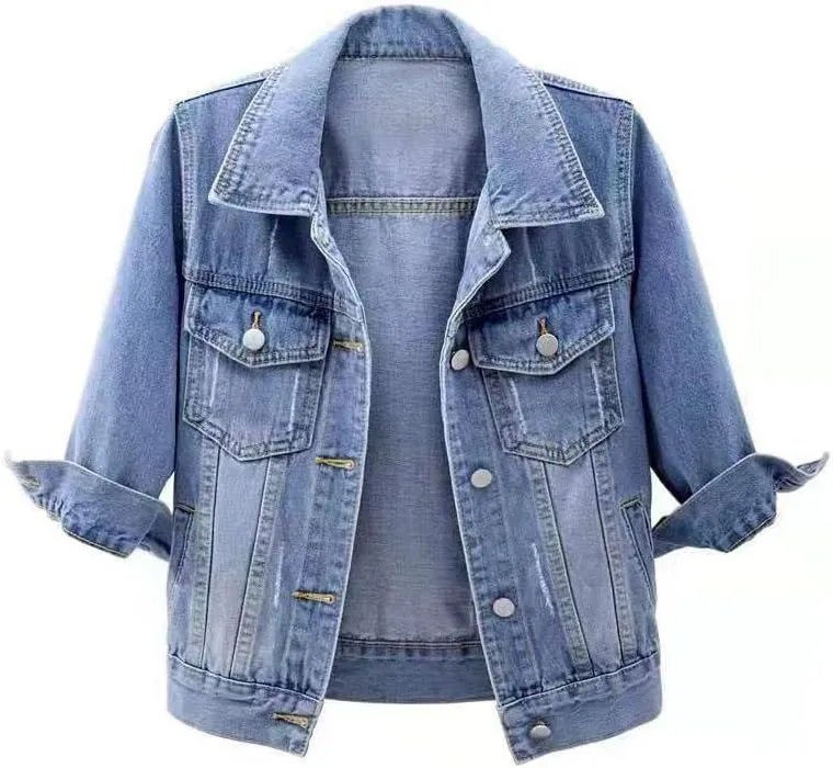 TIAFORD Women's 3/4 Sleeve Cropped Denim Jacket Casual Button Down Lapel Jean Trucker Jackets Coats with Pockets