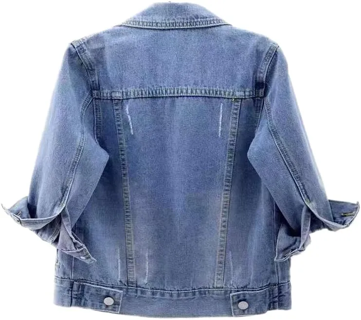 TIAFORD Women's 3/4 Sleeve Cropped Denim Jacket Casual Button Down Lapel Jean Trucker Jackets Coats with Pockets