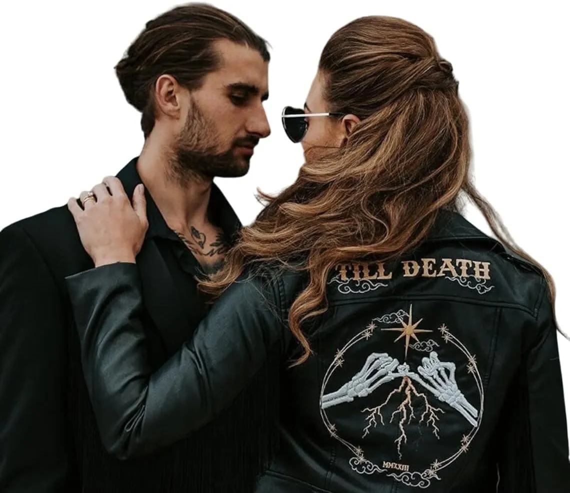 Till Death Black/Ivory Bride Leather Jacket Gothic Celestial Western Wedding