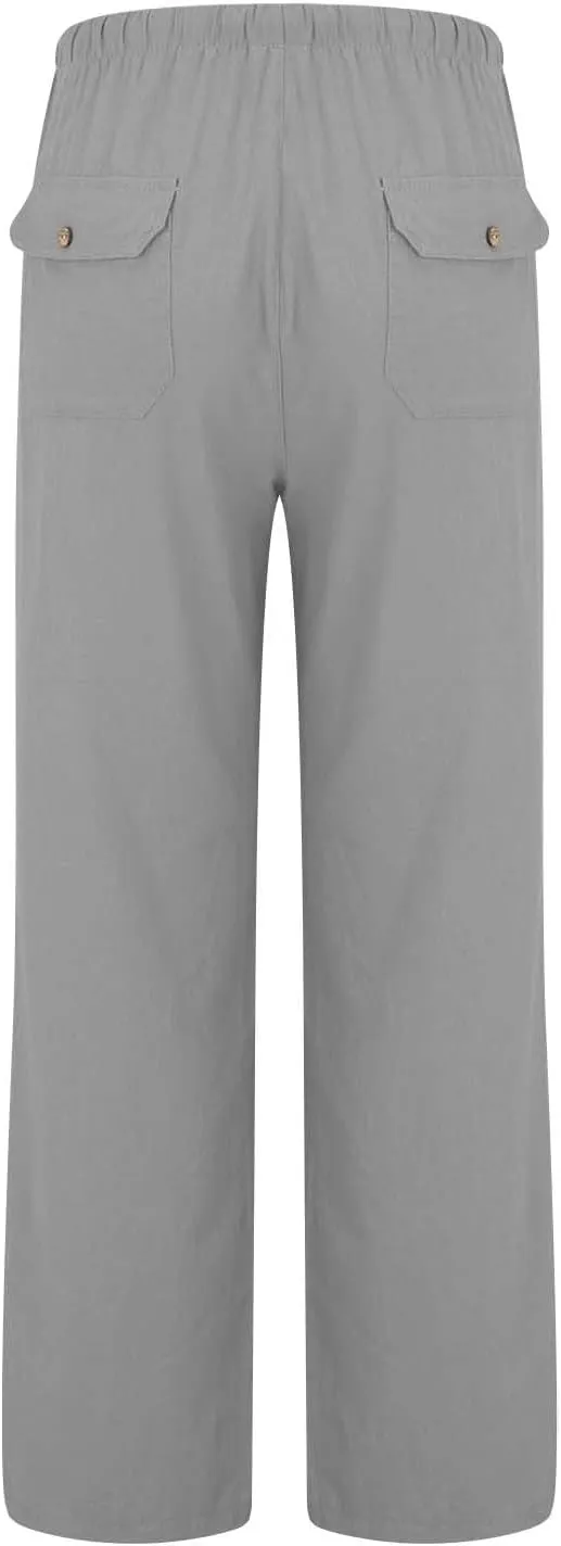 Trendy Outfits for Women 2025 Summer High Waisted Cotton Linen Palazzo Wide Leg Long Lounge Pant Trousers with Pockets