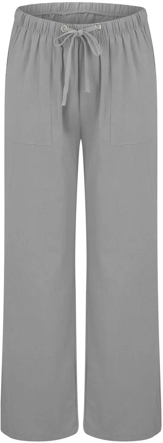 Trendy Outfits for Women 2025 Summer High Waisted Cotton Linen Palazzo Wide Leg Long Lounge Pant Trousers with Pockets