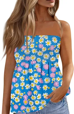 Tube Tops for Women Smocked Ruffled Floral Print Tanks Sleeveless Strapless Tube Tops Business Casual Bandeau