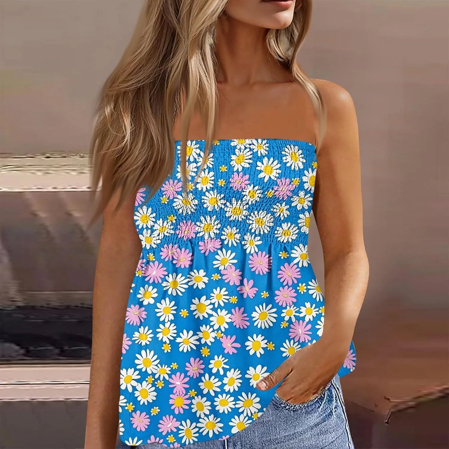 Tube Tops for Women Smocked Ruffled Floral Print Tanks Sleeveless Strapless Tube Tops Business Casual Bandeau