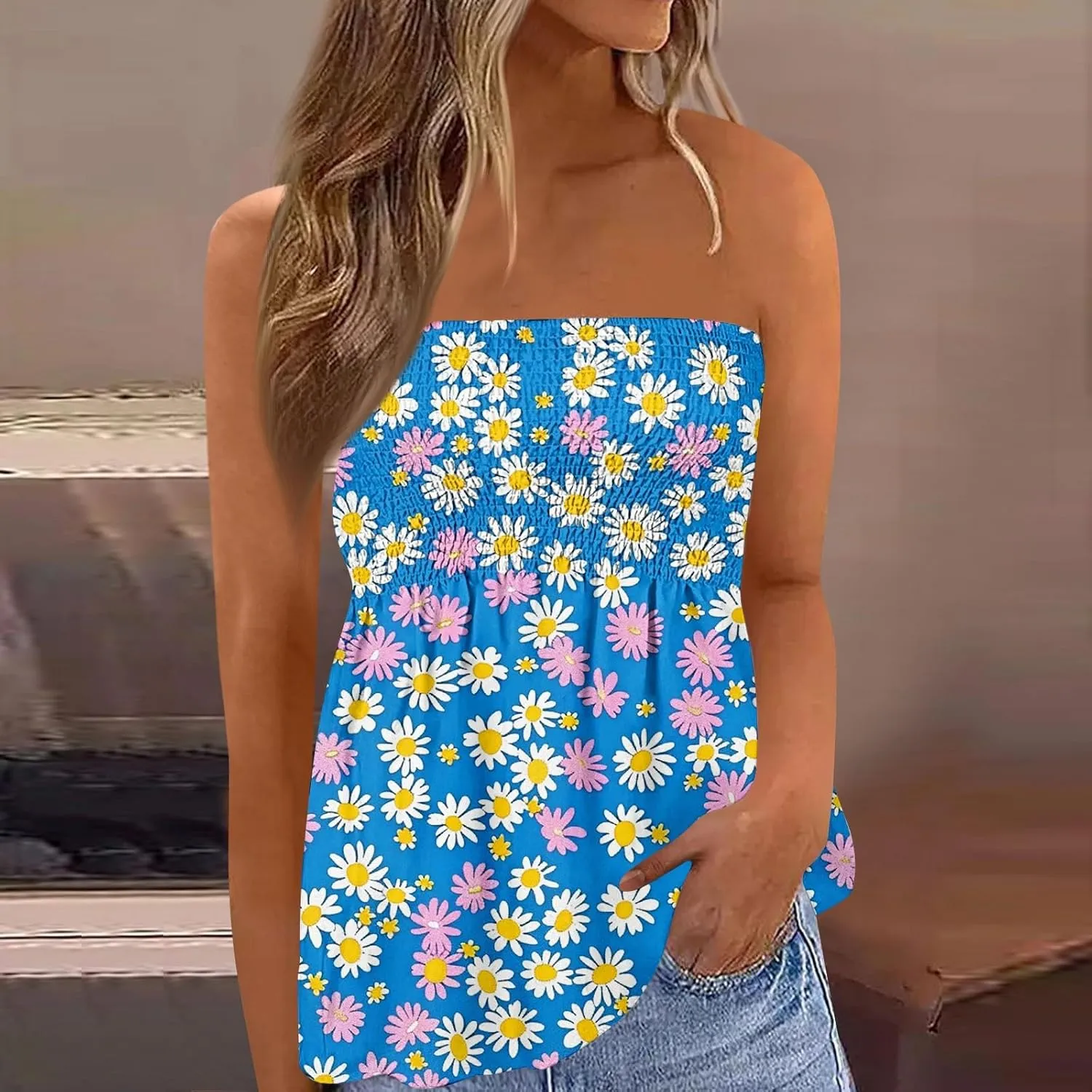 Tube Tops for Women Smocked Ruffled Floral Print Tanks Sleeveless Strapless Tube Tops Business Casual Bandeau