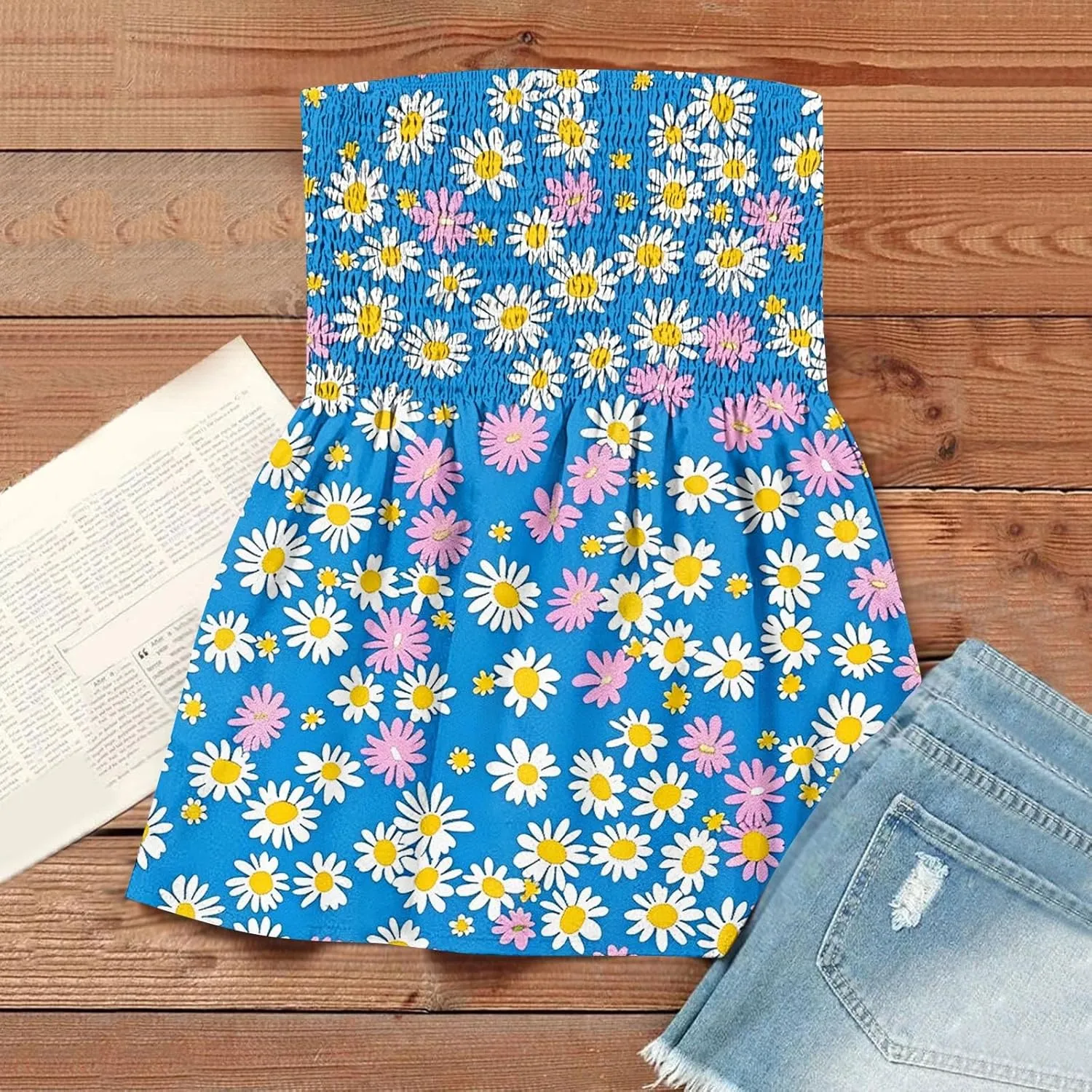 Tube Tops for Women Smocked Ruffled Floral Print Tanks Sleeveless Strapless Tube Tops Business Casual Bandeau