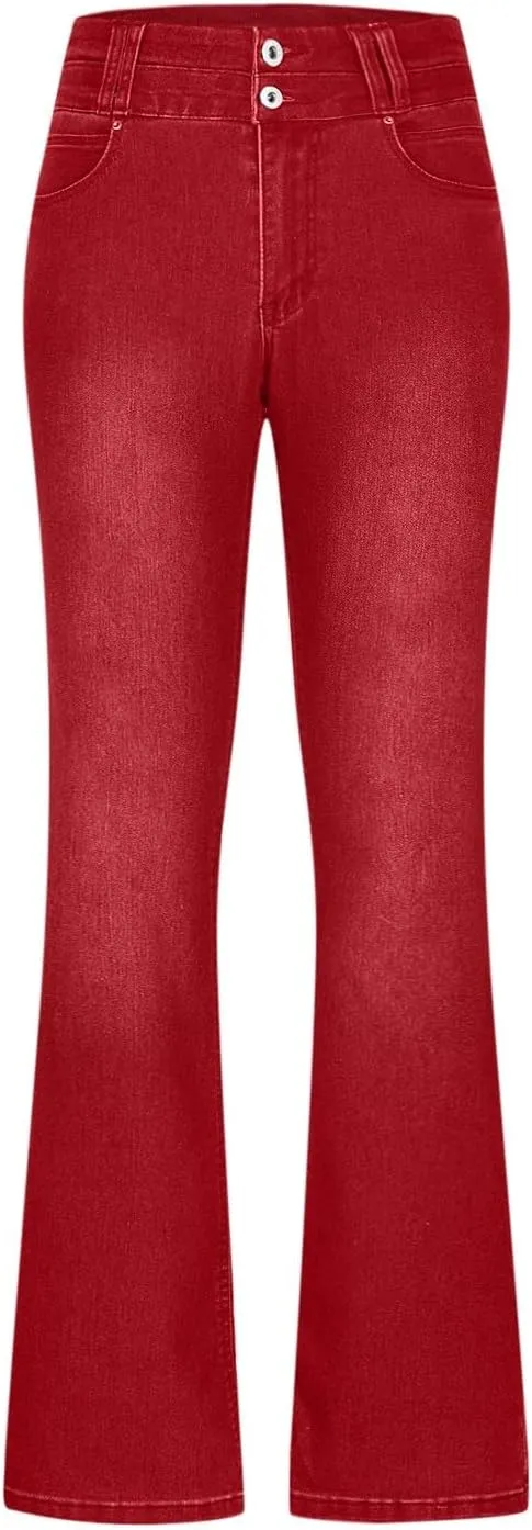 Uillui Bell Bottom Jeans for Women High Waist Slim Fit Flare Denim Pants Fashion Casual Button Pocket Trousers Straight Pant