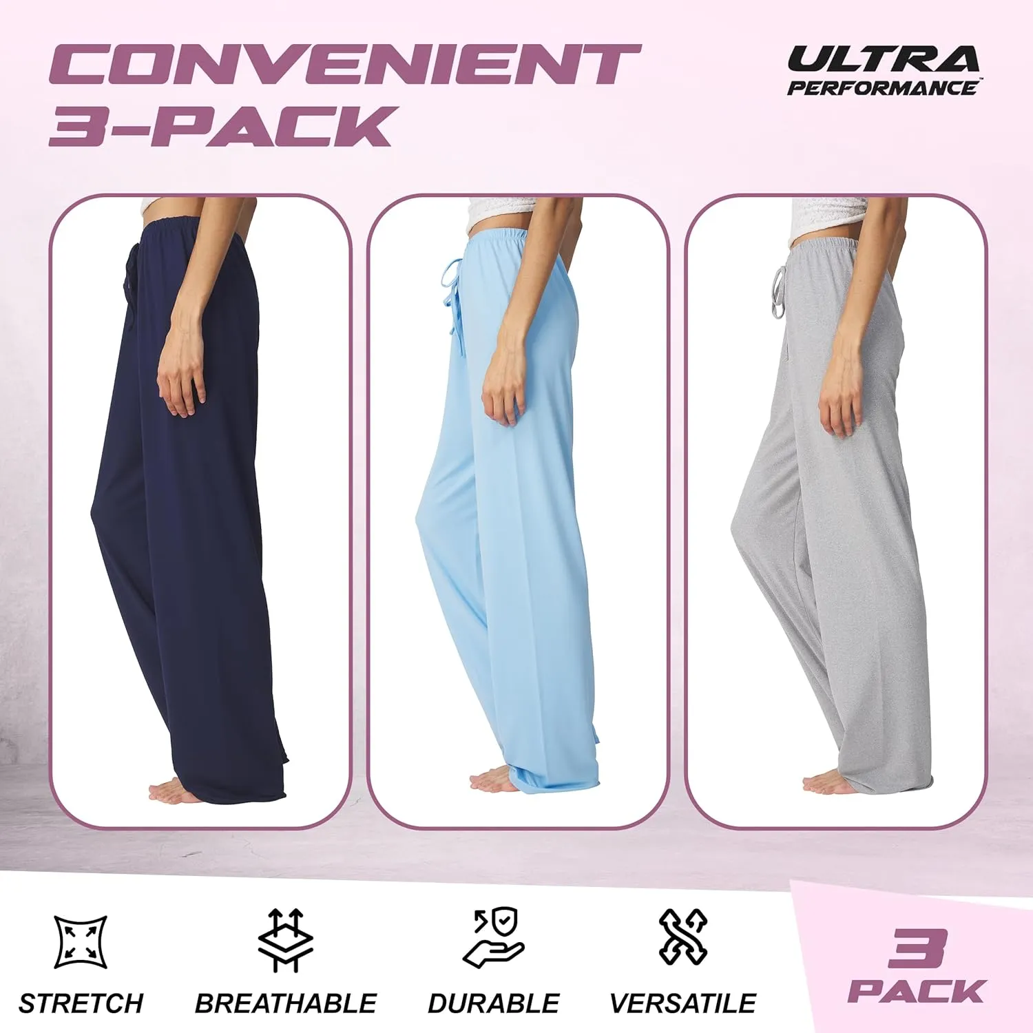 Ultra Performance Womens Pajama PJ Pants 3 Pack Lounge Bottoms Pajamas for Women (Avail in Plus Sizes)