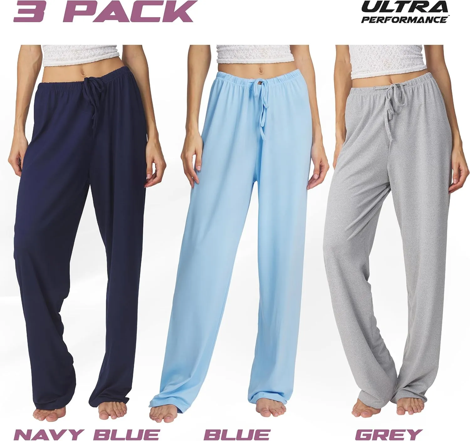 Ultra Performance Womens Pajama PJ Pants 3 Pack Lounge Bottoms Pajamas for Women (Avail in Plus Sizes)