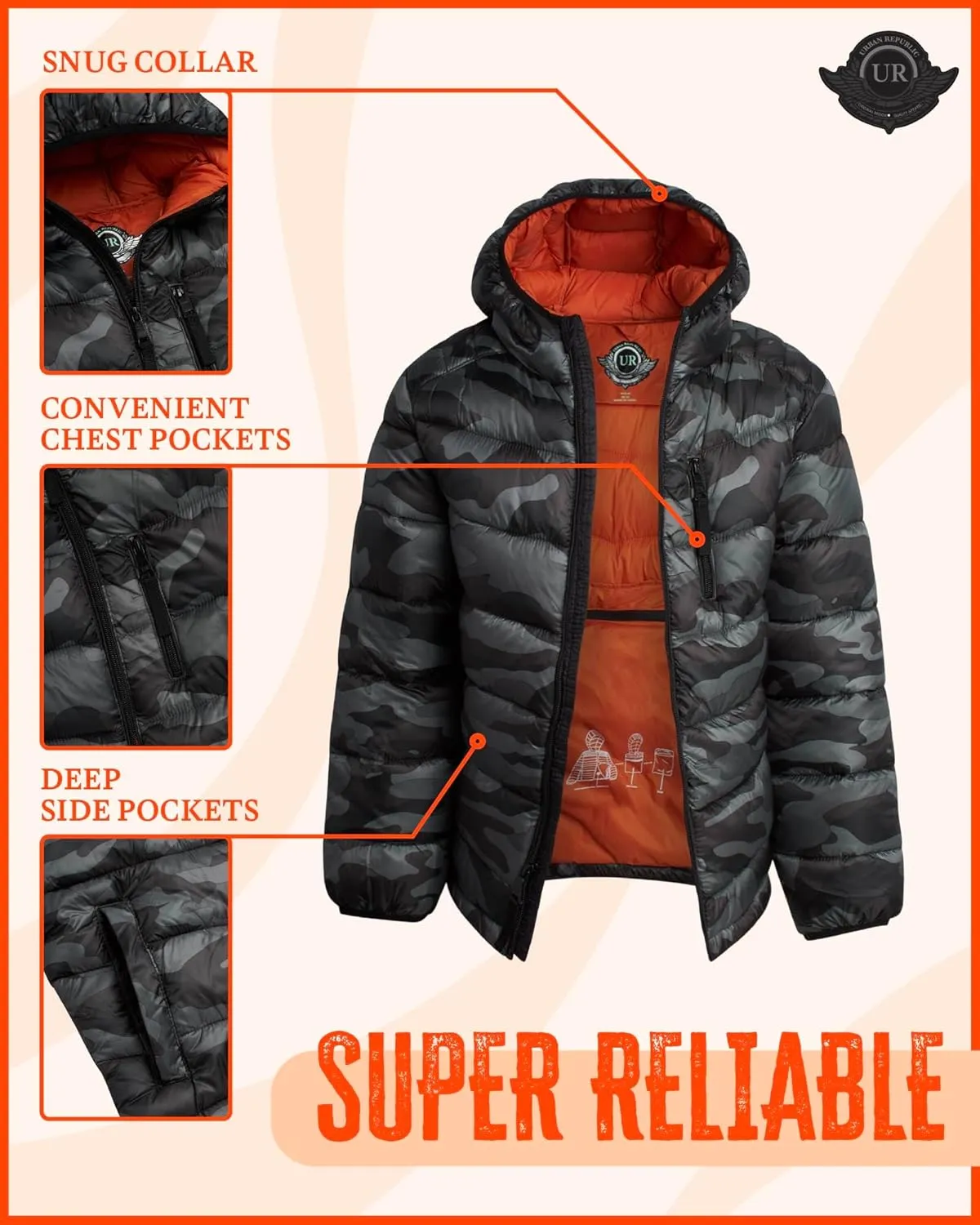 URBAN REPUBLIC Boys Foldable Hooded Jacket  Insulated Weather Resistant Bubble Puffer Windbreaker Coat for Boys Sizes 4-20