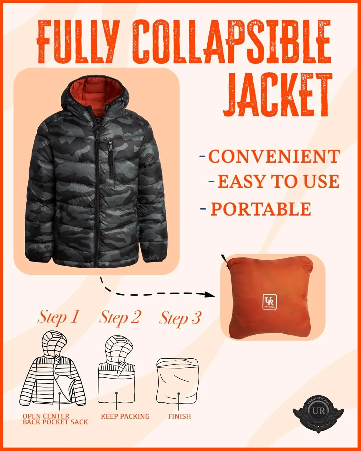URBAN REPUBLIC Boys Foldable Hooded Jacket  Insulated Weather Resistant Bubble Puffer Windbreaker Coat for Boys Sizes 4-20