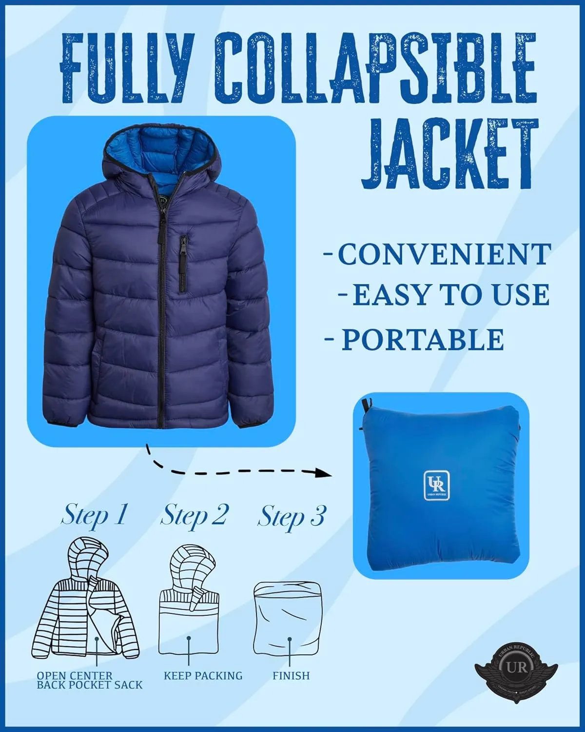 URBAN REPUBLIC Boys Foldable Hooded Jacket  Insulated Weather Resistant Bubble Puffer Windbreaker Coat for Boys Sizes 4-20