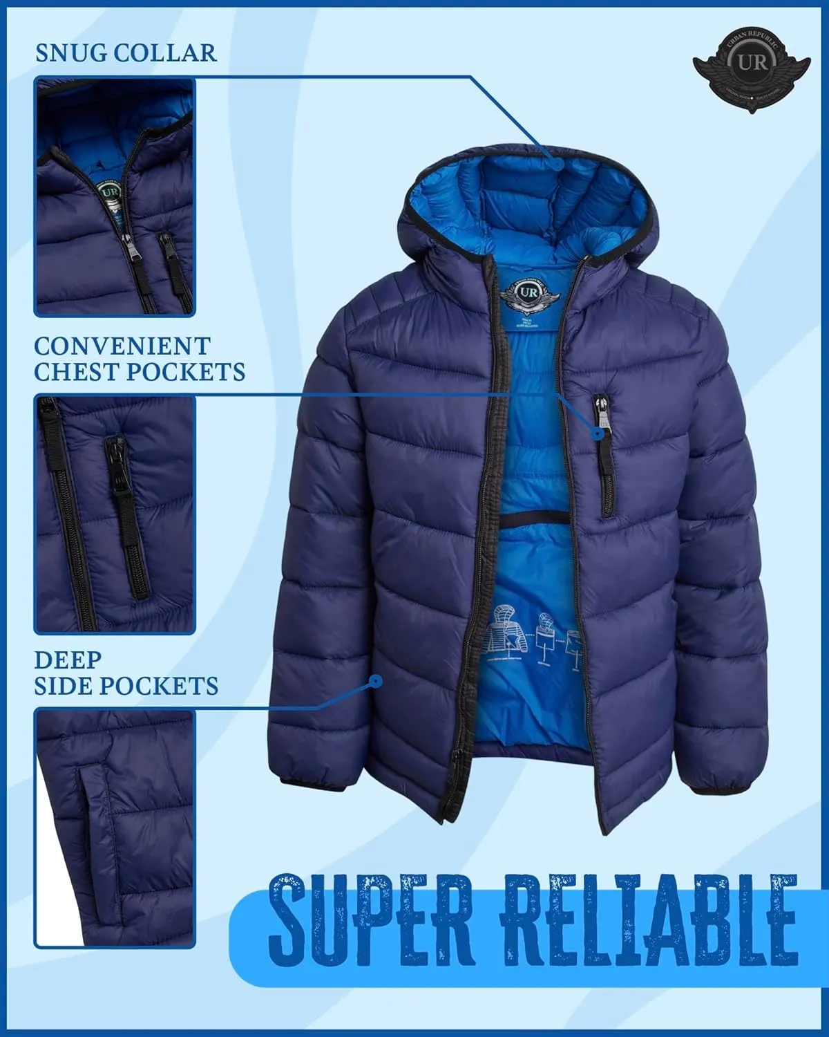 URBAN REPUBLIC Boys Foldable Hooded Jacket  Insulated Weather Resistant Bubble Puffer Windbreaker Coat for Boys Sizes 4-20