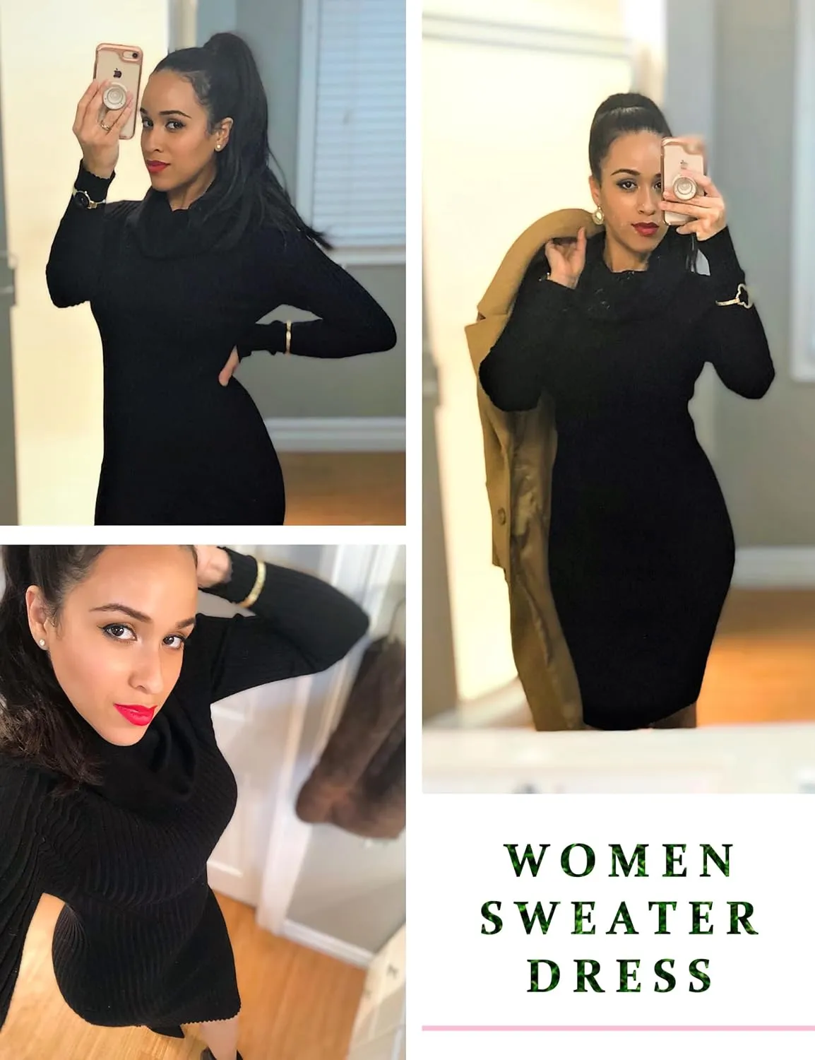 v28 Sweater Dress for Women Ribbed Knit Fitted midi Sexy Fall Winter Bodycon Cowl Neck Dresses