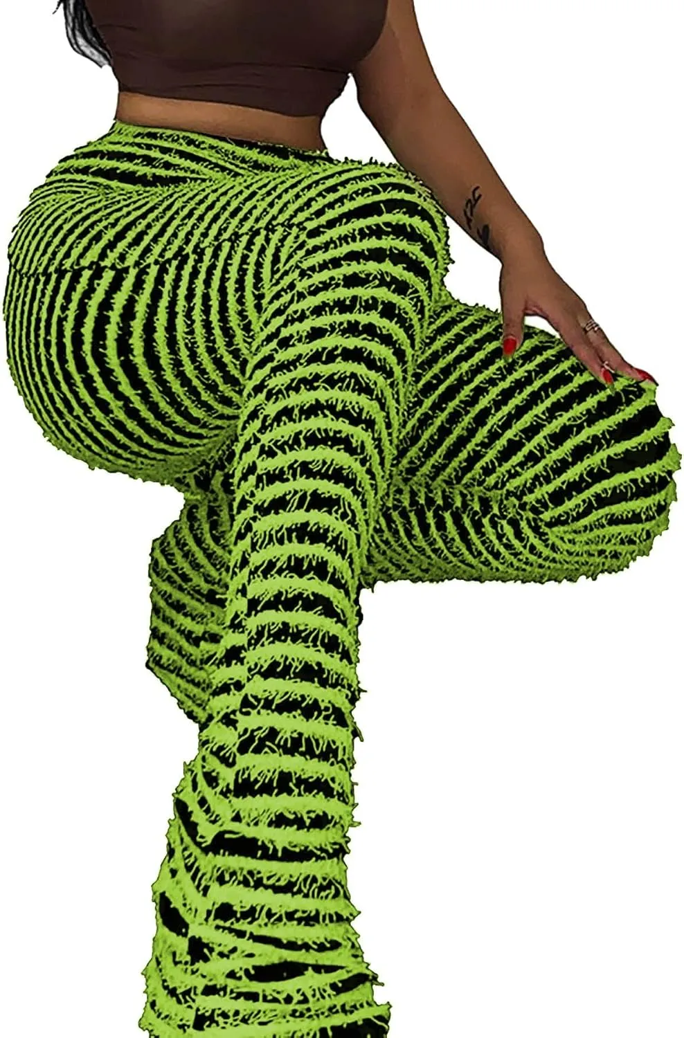 Vakkest Women's Striped Knitted Stacked Leggings Pants Hip Lifting Casual Streetwear Trousers Y2K Fluffy Jogger Sweatpants