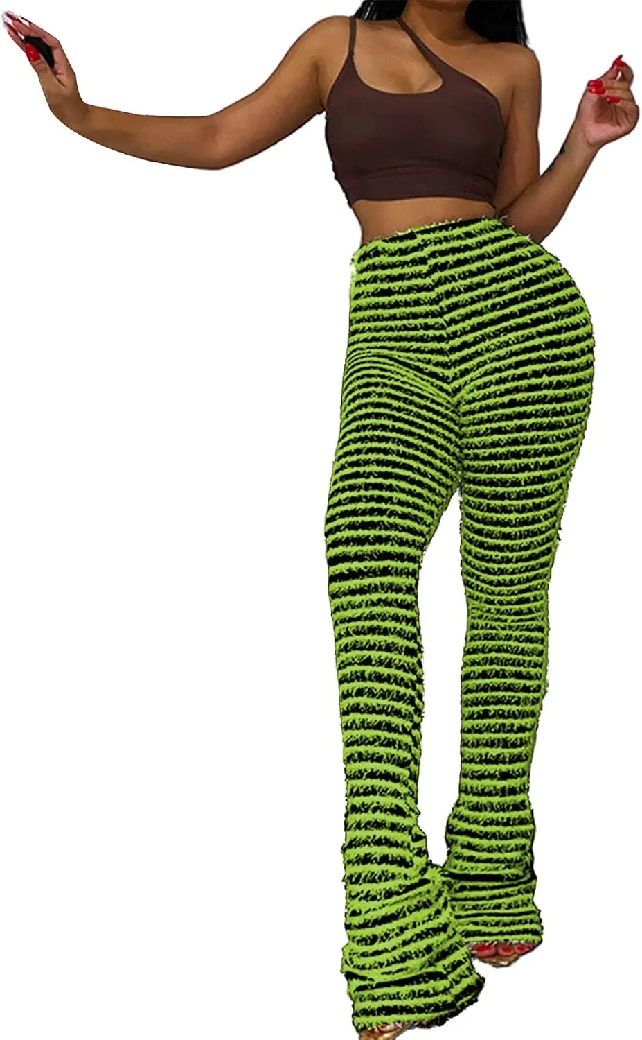 Vakkest Women's Striped Knitted Stacked Leggings Pants Hip Lifting Casual Streetwear Trousers Y2K Fluffy Jogger Sweatpants
