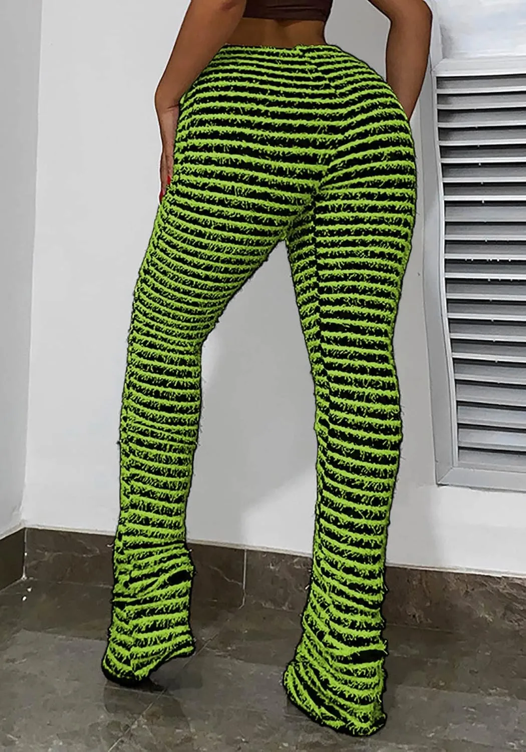 Vakkest Women's Striped Knitted Stacked Leggings Pants Hip Lifting Casual Streetwear Trousers Y2K Fluffy Jogger Sweatpants