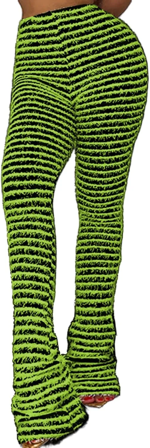 Vakkest Women's Striped Knitted Stacked Leggings Pants Hip Lifting Casual Streetwear Trousers Y2K Fluffy Jogger Sweatpants