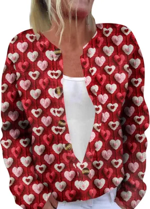 Valentines Sweater Women,Ladies' Fashion Long Sleeved Sweater Festival Valentine's Day Heart Printed Jacket Cardigan
