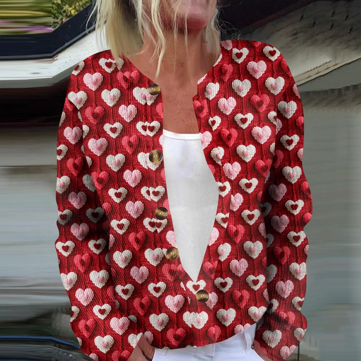 Valentines Sweater Women,Ladies' Fashion Long Sleeved Sweater Festival Valentine's Day Heart Printed Jacket Cardigan