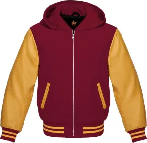 Varsity Hoodie Baseball Letterman Bomber Wool & Genuine Yellow Gold Leather Sleeves Zipper Jacket