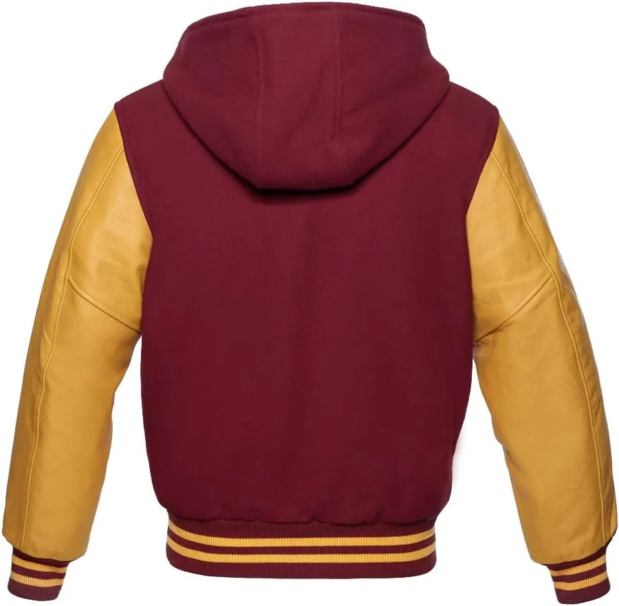 Varsity Hoodie Baseball Letterman Bomber Wool & Genuine Yellow Gold Leather Sleeves Zipper Jacket