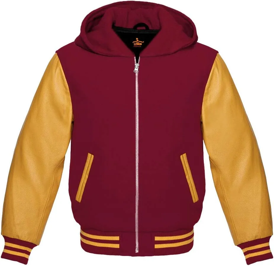 Varsity Hoodie Baseball Letterman Bomber Wool & Genuine Yellow Gold Leather Sleeves Zipper Jacket