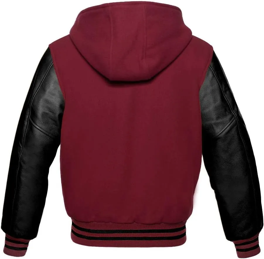 Varsity Hoodie Jacket for Baseball Letterman Bomber School of Premium Wool and Genuine Black Leather Sleeves
