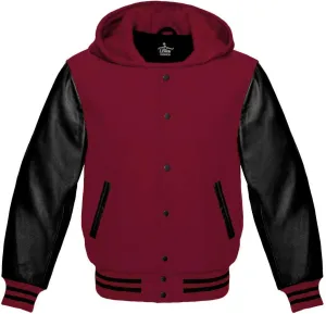 Varsity Hoodie Jacket for Baseball Letterman Bomber School of Premium Wool and Genuine Black Leather Sleeves