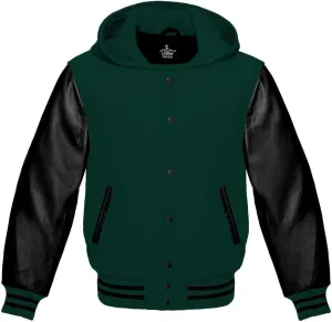 Varsity Hoodie Jacket for Baseball Letterman Bomber School of Premium Wool and Genuine Black Leather Sleeves
