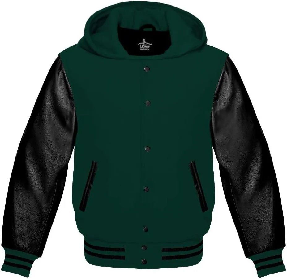 Varsity Hoodie Jacket for Baseball Letterman Bomber School of Premium Wool and Genuine Black Leather Sleeves