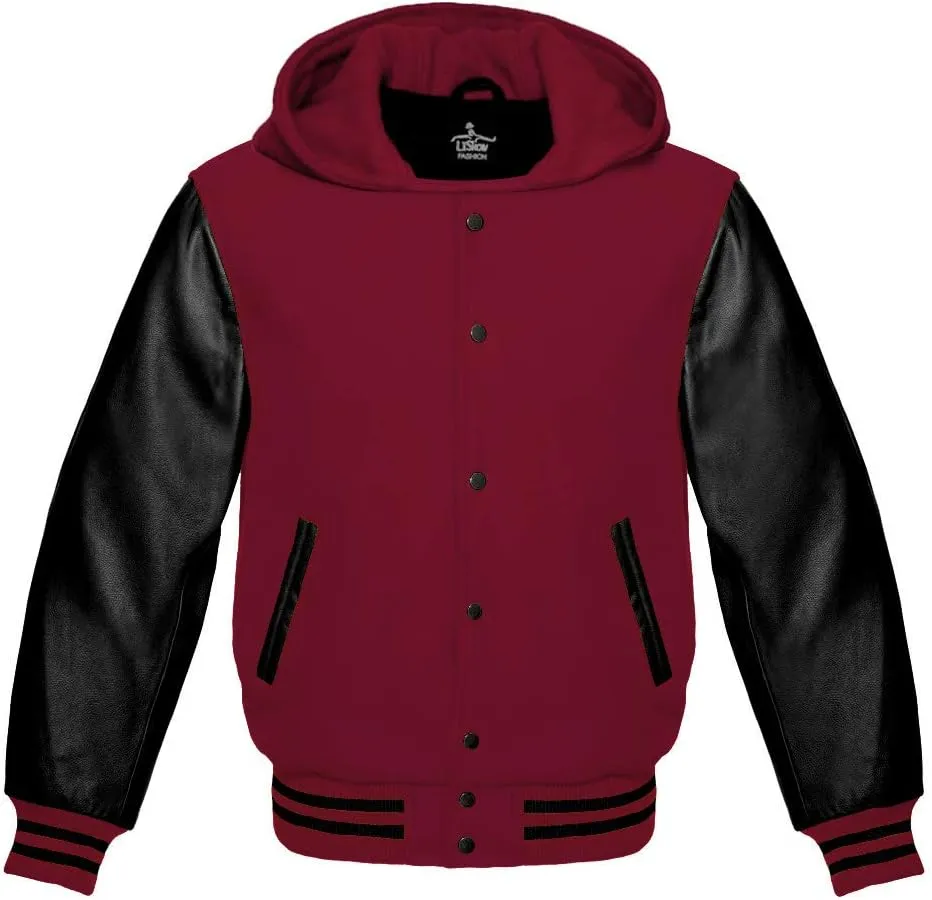 Varsity Hoodie Jacket for Baseball Letterman Bomber School of Premium Wool and Genuine Black Leather Sleeves