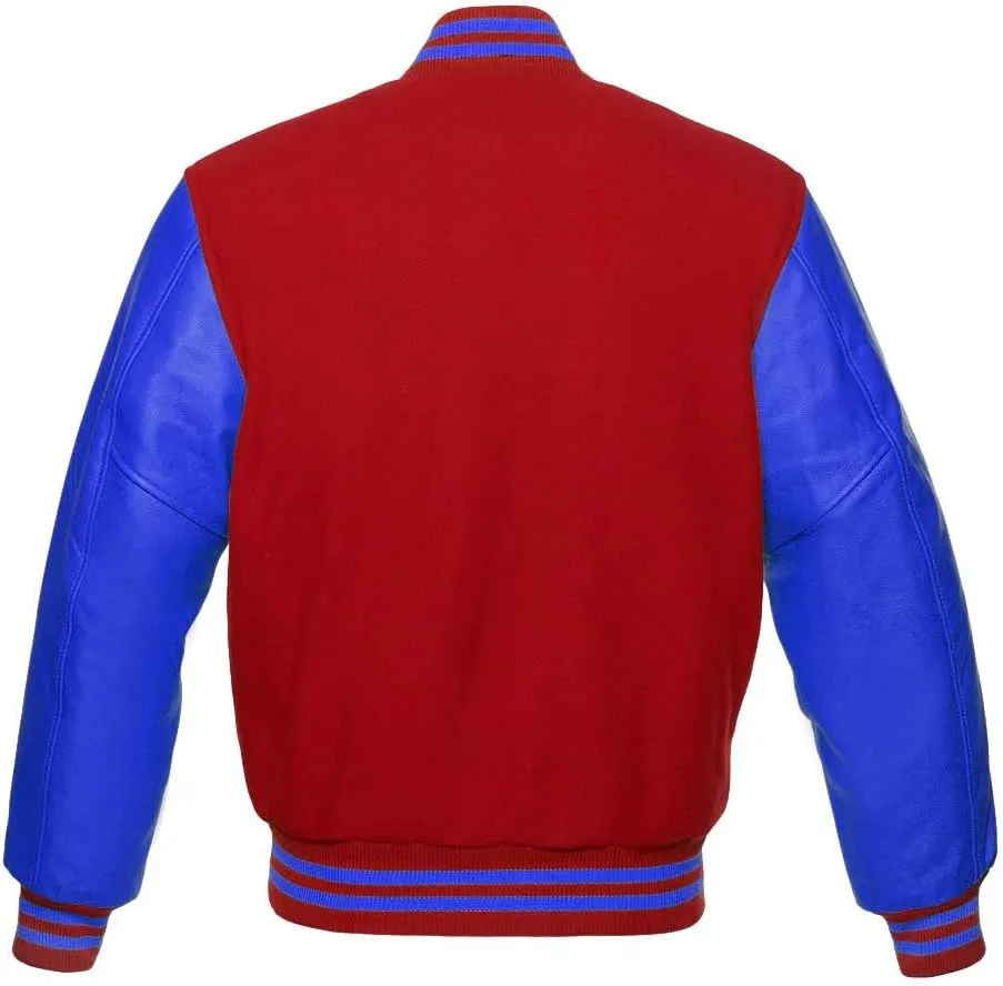 Varsity Jacket Baseball Letterman Bomber School Collage Premium Wool & Royal Blue Genuine leather sleeves