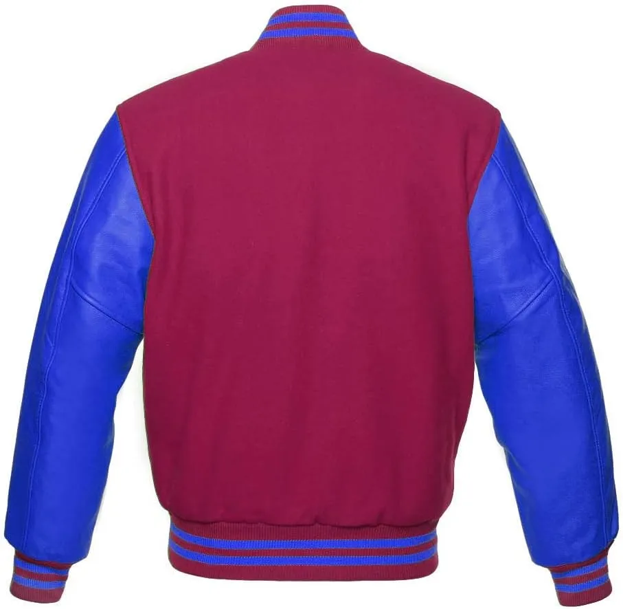 Varsity Jacket Baseball Letterman Bomber School Collage Premium Wool & Royal Blue Genuine leather sleeves
