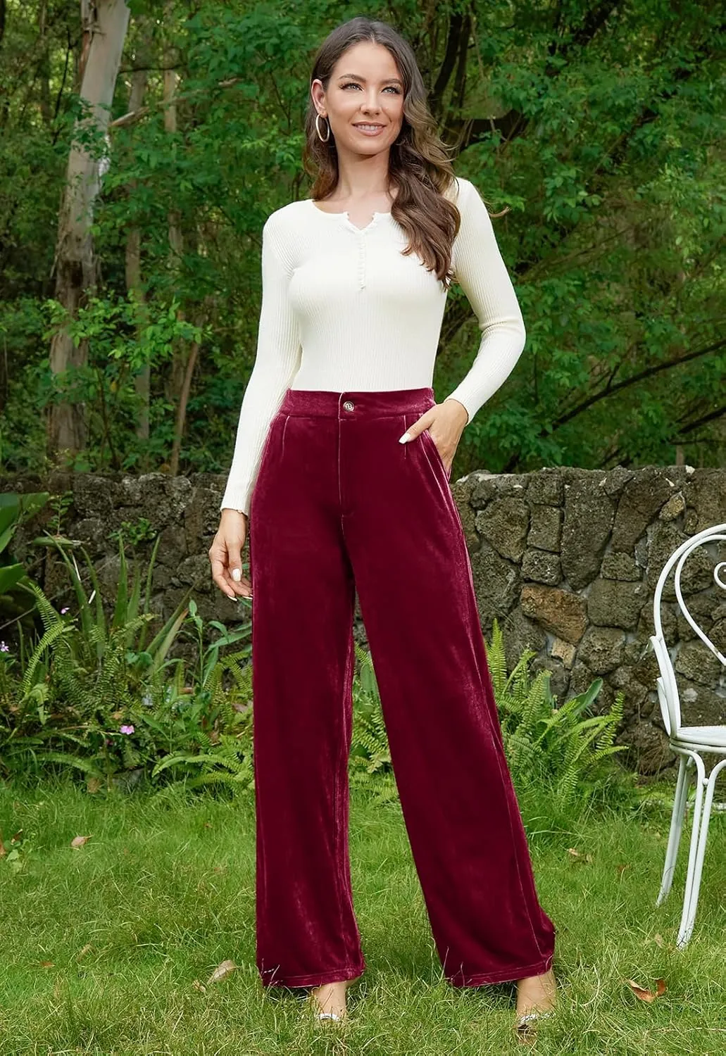 Velvet Pants for Women Dressy Women Casual Wide Leg Pants Stretchy High Waisted Velour Palazzo Pants