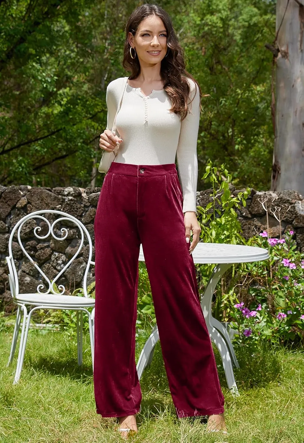 Velvet Pants for Women Dressy Women Casual Wide Leg Pants Stretchy High Waisted Velour Palazzo Pants