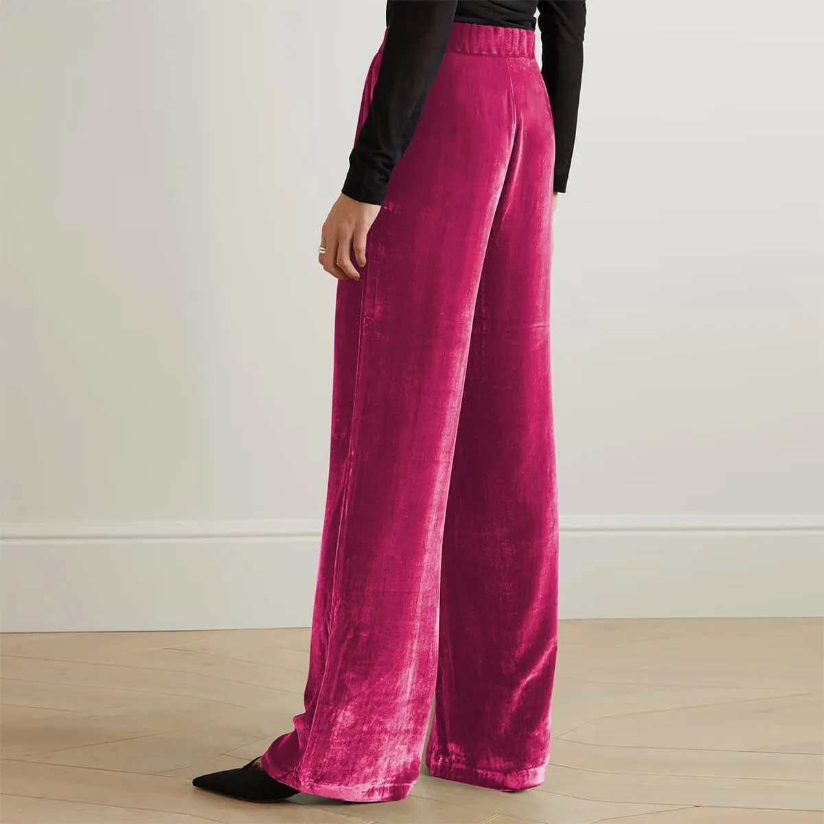 Velvet Pants for Women High Waist Loose Wide Leg Pants Casual Office Velour Long Trousers with Pockets