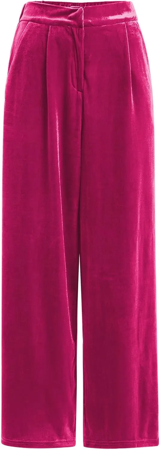 Velvet Pants for Women High Waist Loose Wide Leg Pants Casual Office Velour Long Trousers with Pockets