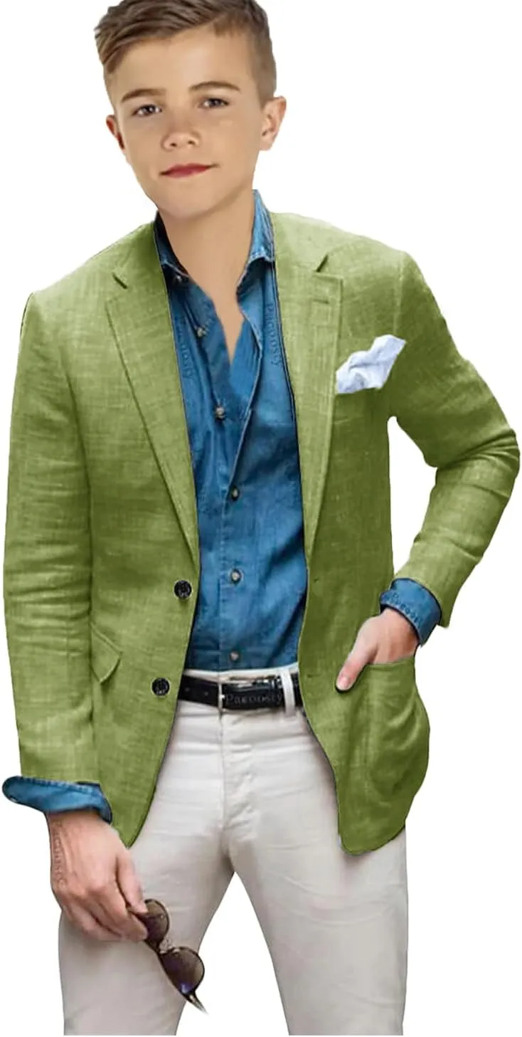 VENNYNG Boys Linen Blazer Slim Fit Suit Jacket Lightweight Summer Beach Wedding Kids Casual Party Children