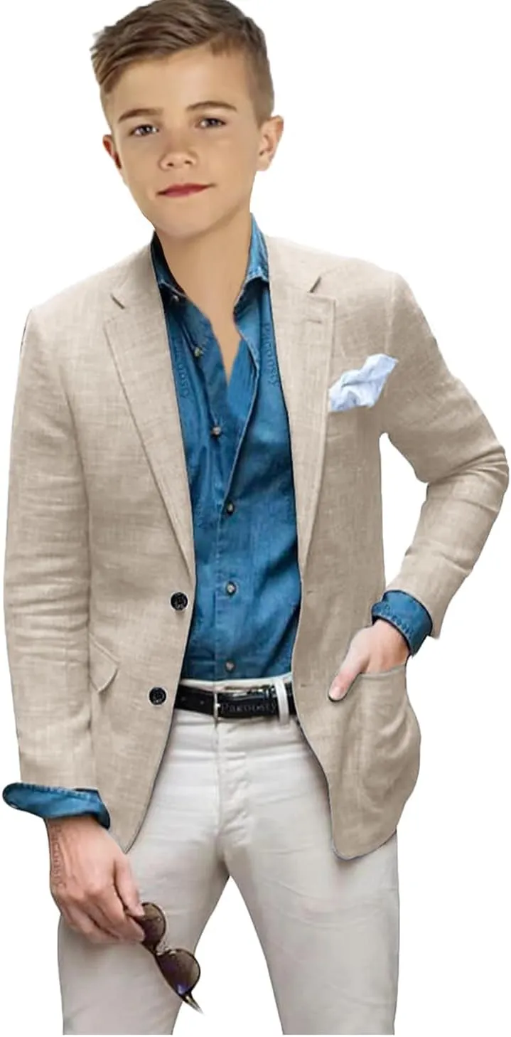 VENNYNG Boys Linen Blazer Slim Fit Suit Jacket Lightweight Summer Beach Wedding Kids Casual Party Children