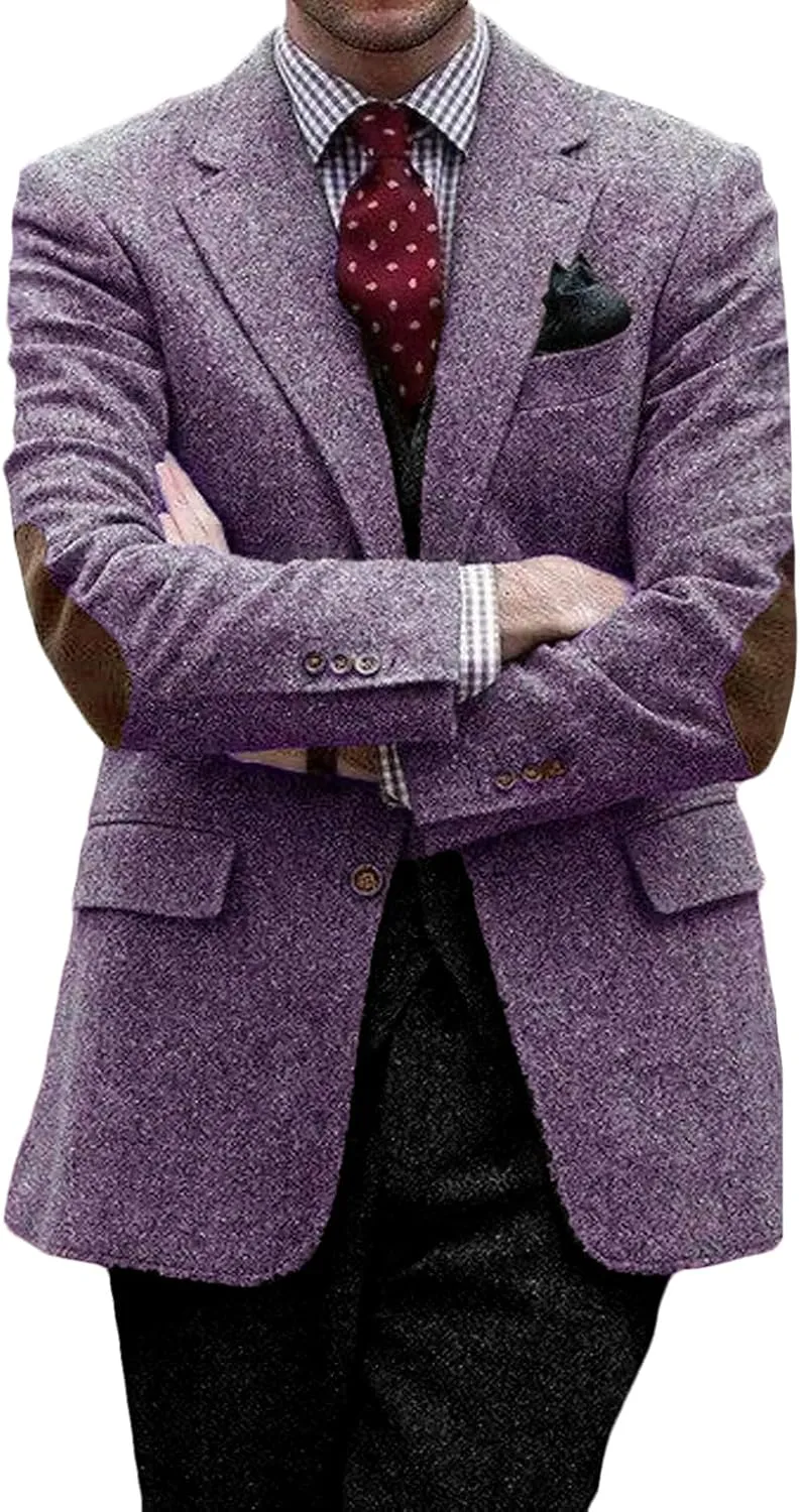 VENNYNG Mens Suit Jacket Single Breasted Vintage Short Trench Coat Blazer with Brown Elbow Patches
